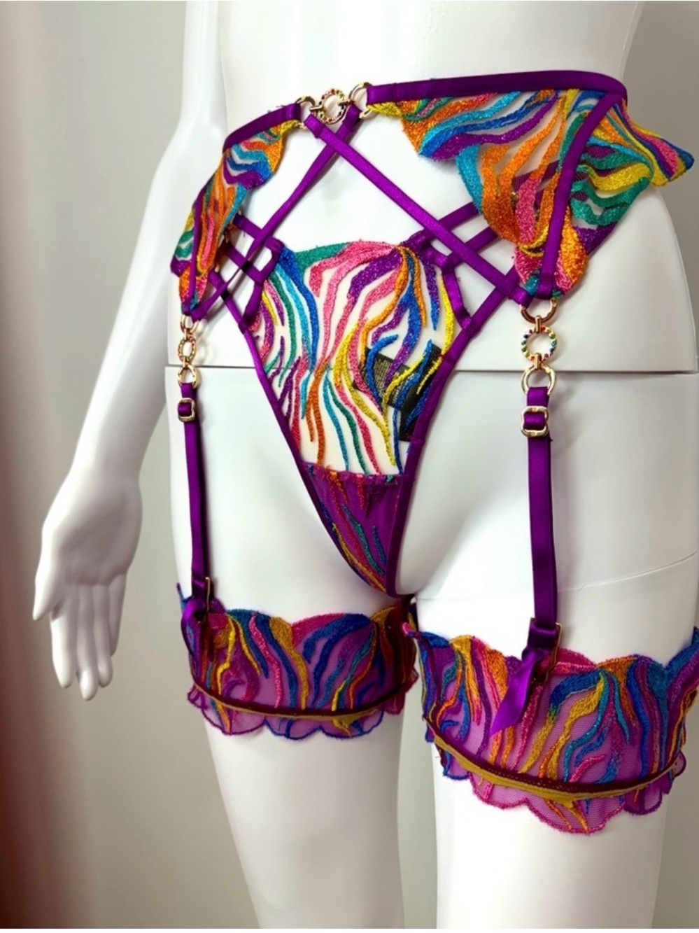 Honey Birdette Purple Multicolor Embroidered Strappy Panty